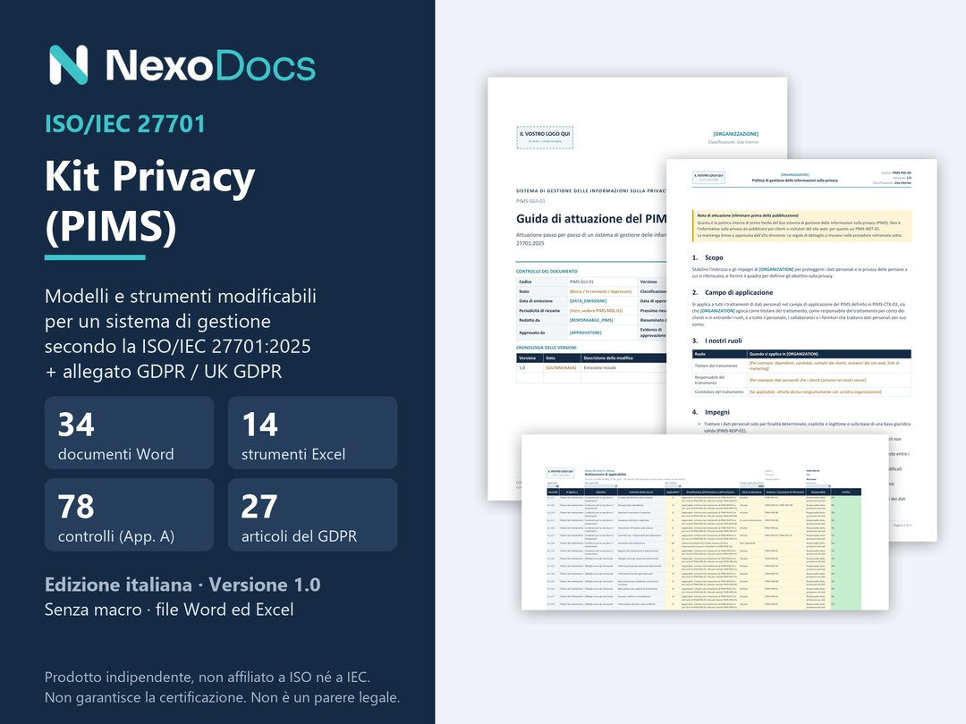 Copertina del kit ISO 27701 di NexoDocs